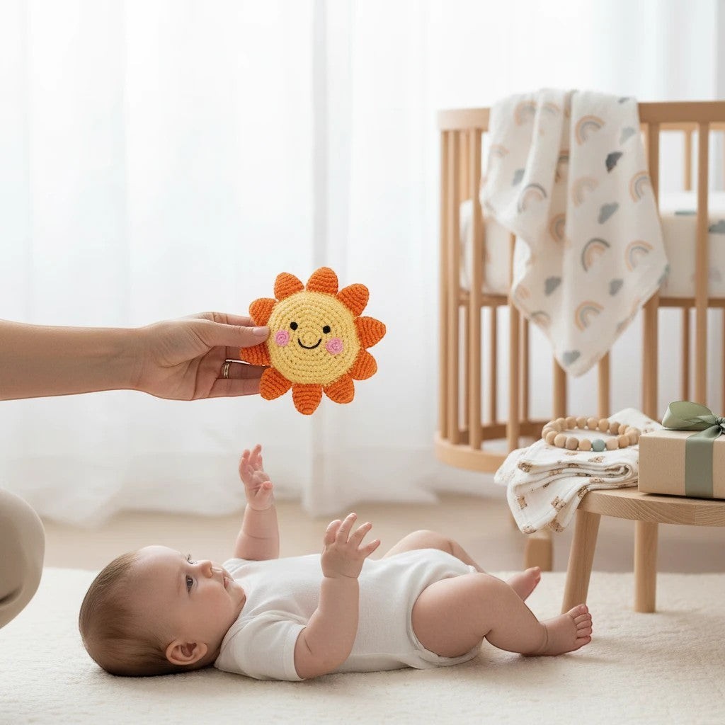 Precious Days Gifts Sunshine baby set with a handmade cotton sun rattle and muslin in a nursery setting.