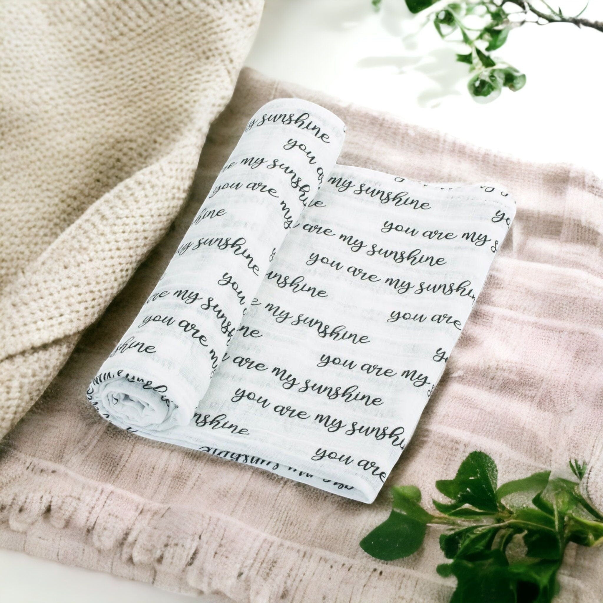 Precious Days Gifts white 120cm x 120cm 100% cotton muslin with 'you are my sunshine' text print.