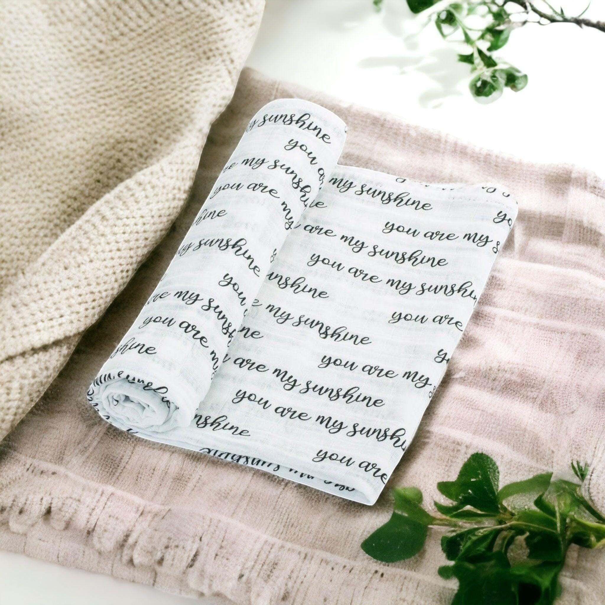 Precious Days Gifts large white 100% cotton muslin with black 'you are my sunshine' print. 120cm x 120cm.