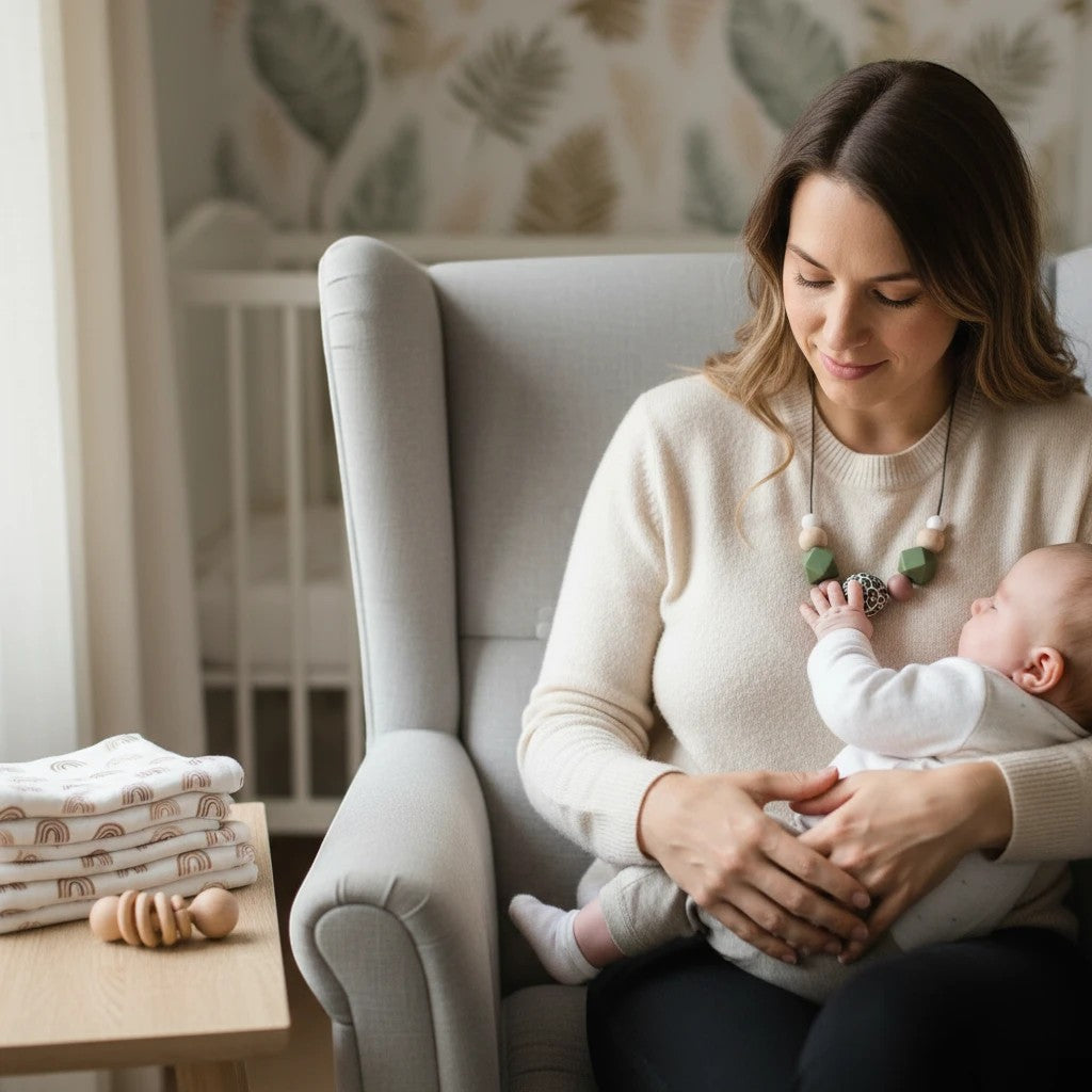 Precious Days Gifts earthy animal teething necklace with green silicone and natural wood beads worn by a mother feeding her baby.