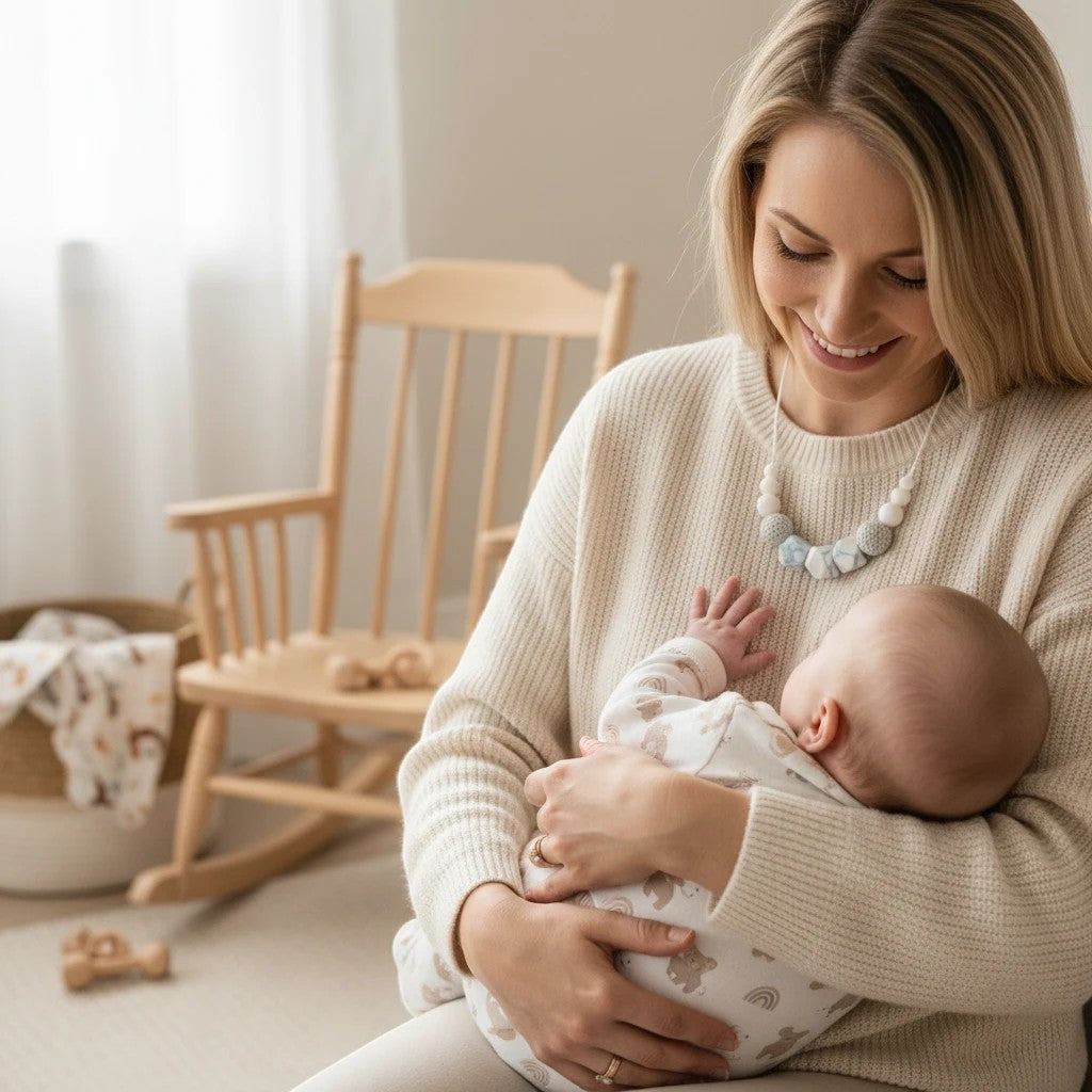 Precious Days Gifts teething necklace with white, grey, and blue marbled silicone beads for breastfeeding moms.