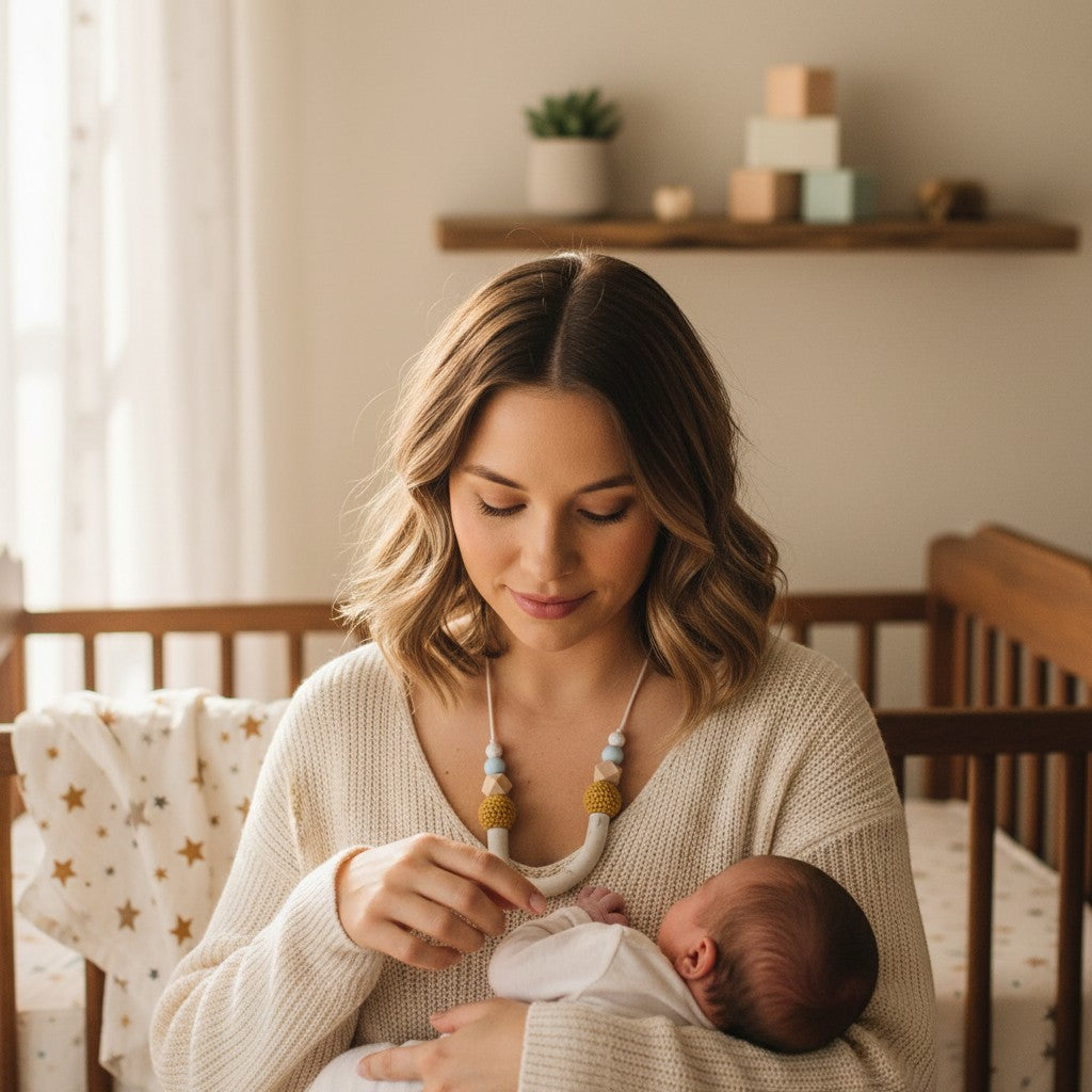 Precious Days Gifts U-shape teething necklace with silicone and wooden beads in white, yellow, and blue, worn by a mother holding her baby.