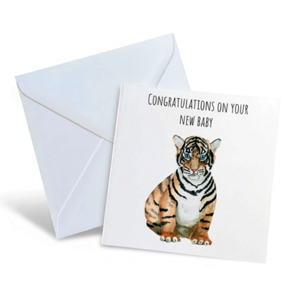 Precious Days Gifts gender neutral new baby card with a folk-inspired tiger cub illustration and white envelope