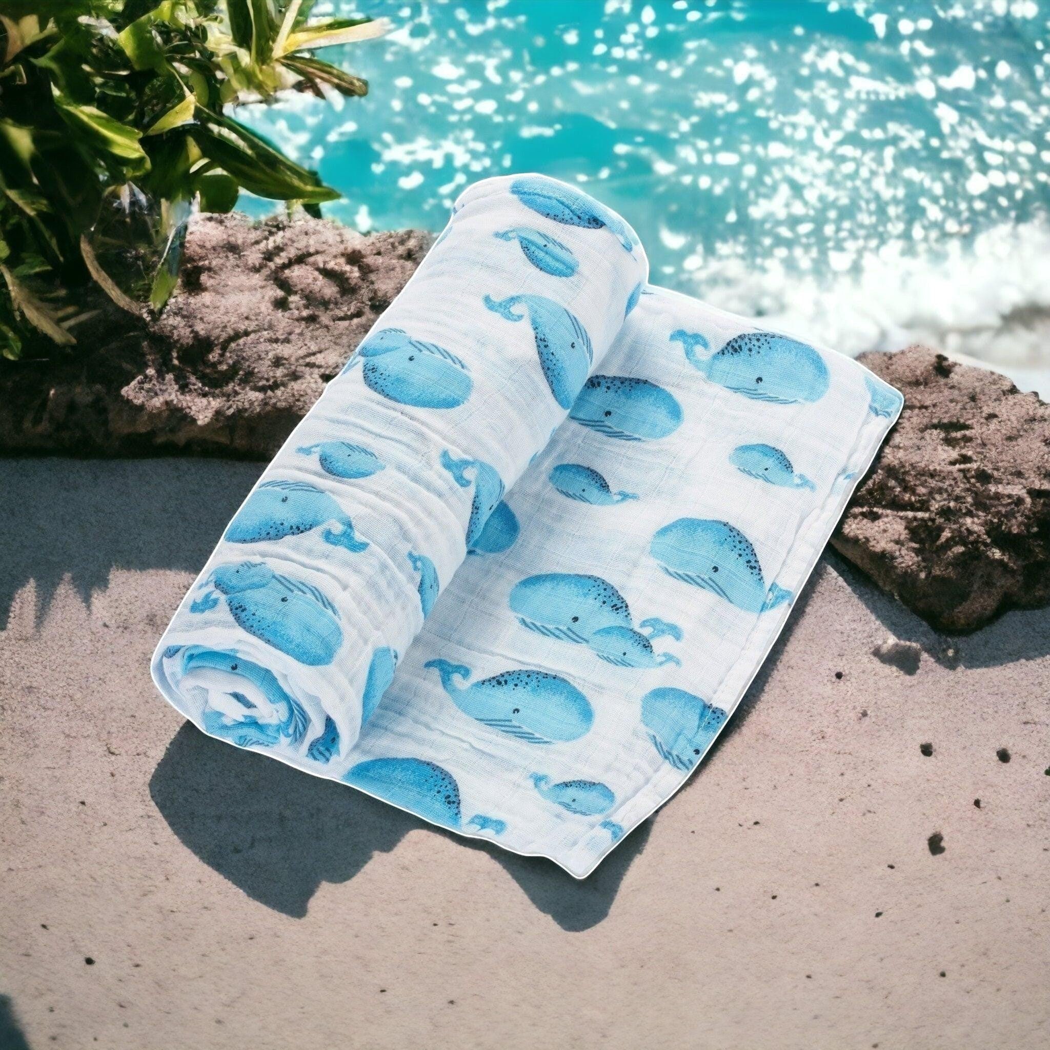 Precious Days Gifts large 120cm x 120cm cotton muslin swaddle blanket with blue whale print
