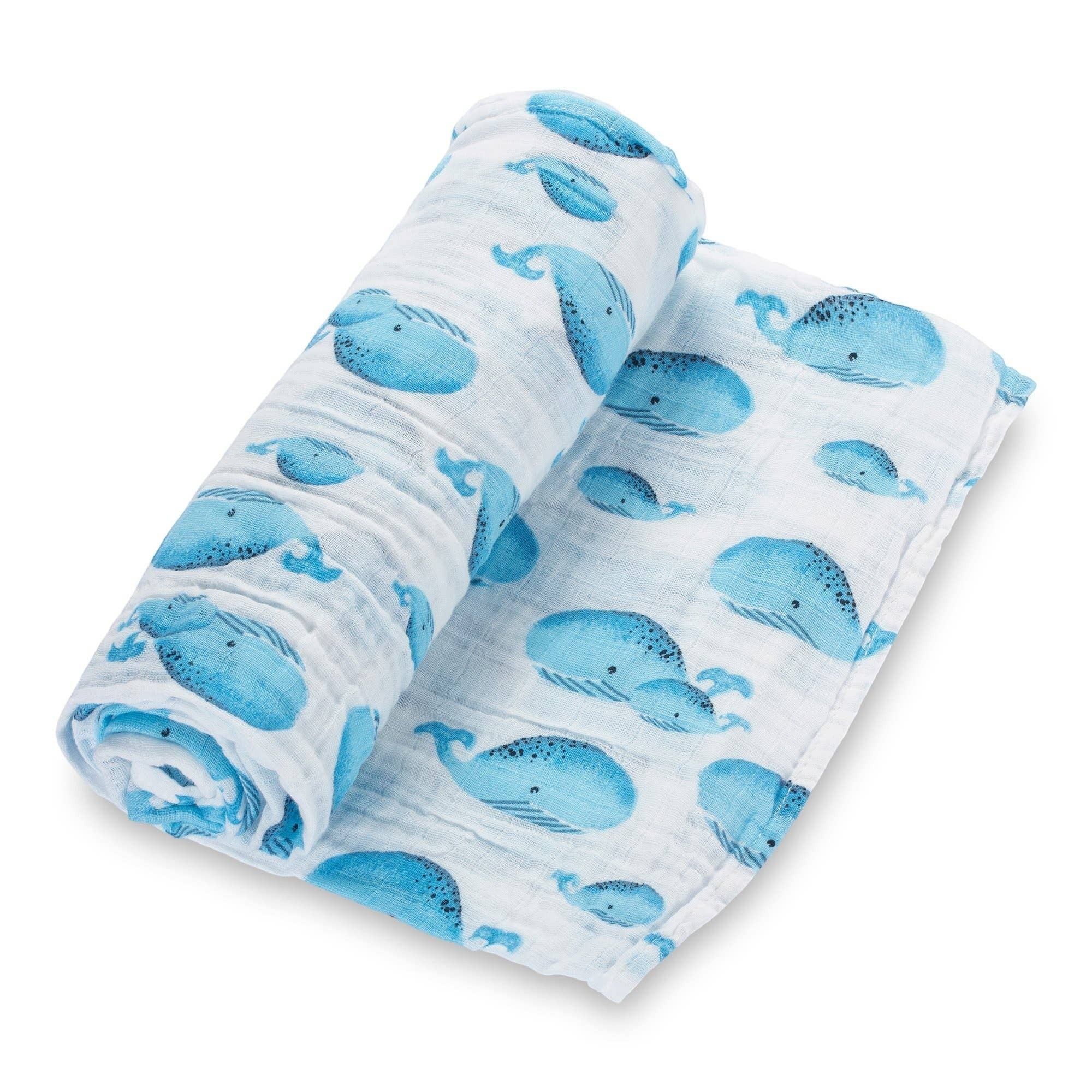Precious Days Gifts white 100% cotton muslin swaddle blanket with blue whale print, 120x120cm