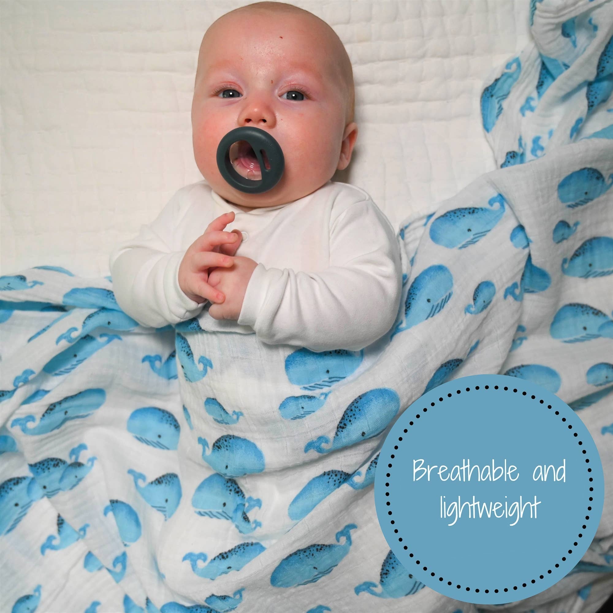 Precious Days Gifts baby swaddle blanket with blue whale print, 100% cotton muslin, 120x120cm
