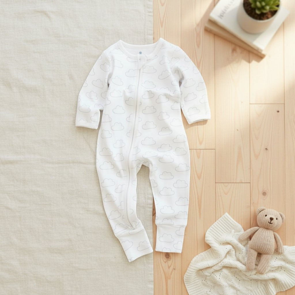 Precious Days Gifts white baby onesie with grey cloud pattern, size 0-3 months, laid flat on a wooden floor.