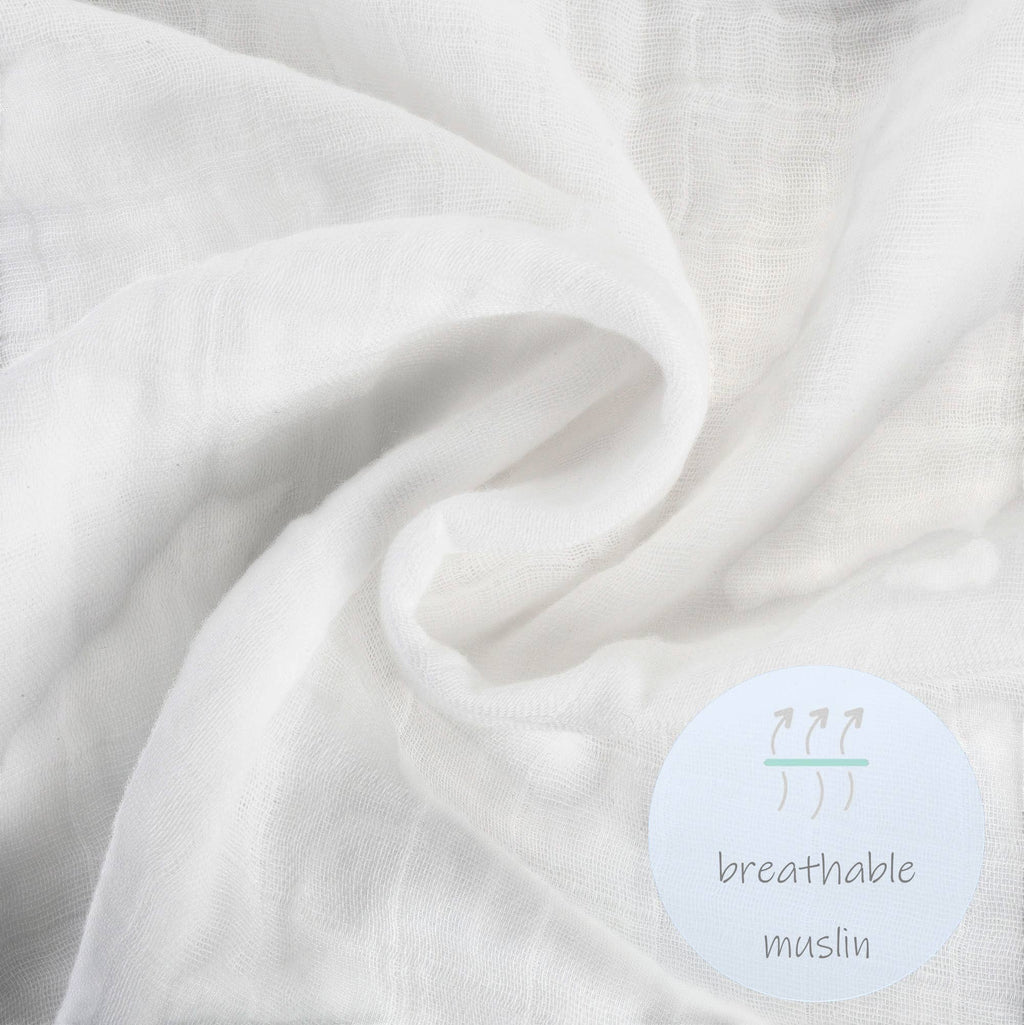 Precious Days Gifts white 100% cotton muslin swaddle blanket with elephant print, 120x120cm, breathable and OEKO-TEX certified.