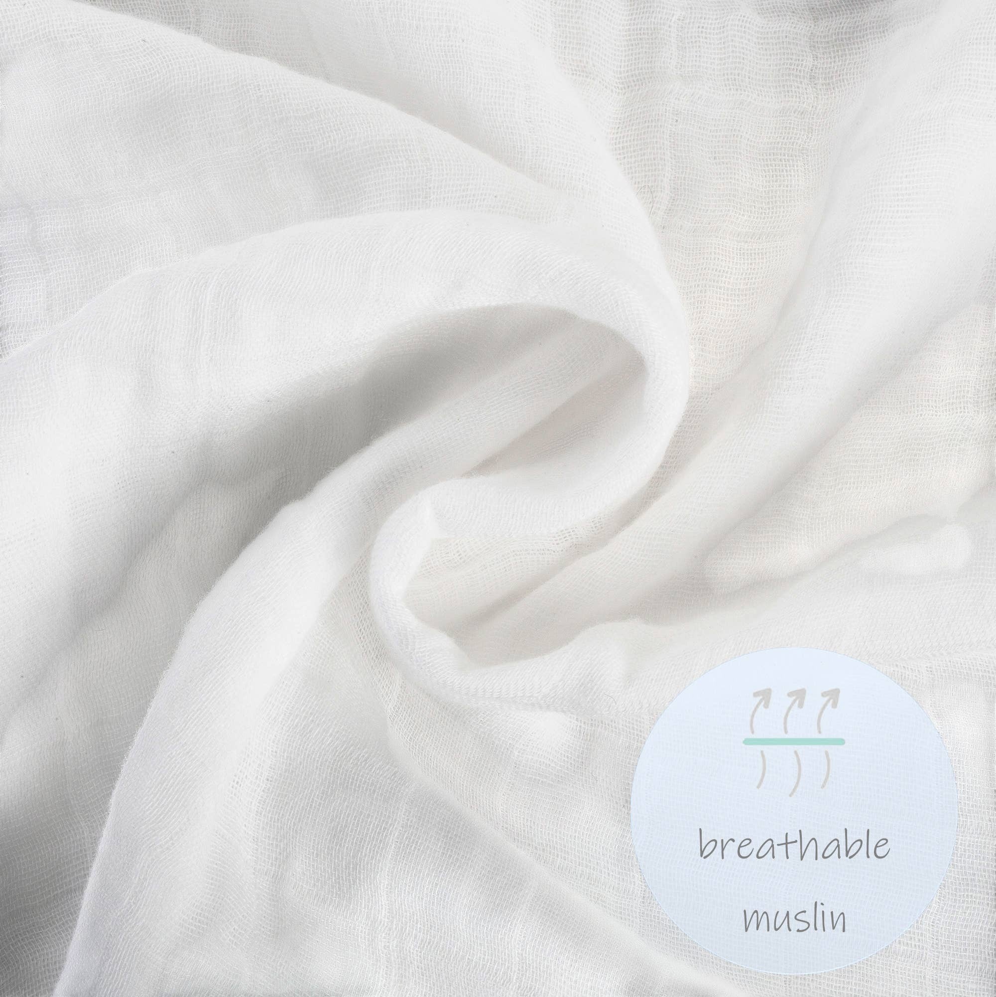Precious Days Gifts white 100% cotton muslin swaddle blanket with elephant print, 120x120cm, breathable and OEKO-TEX certified.