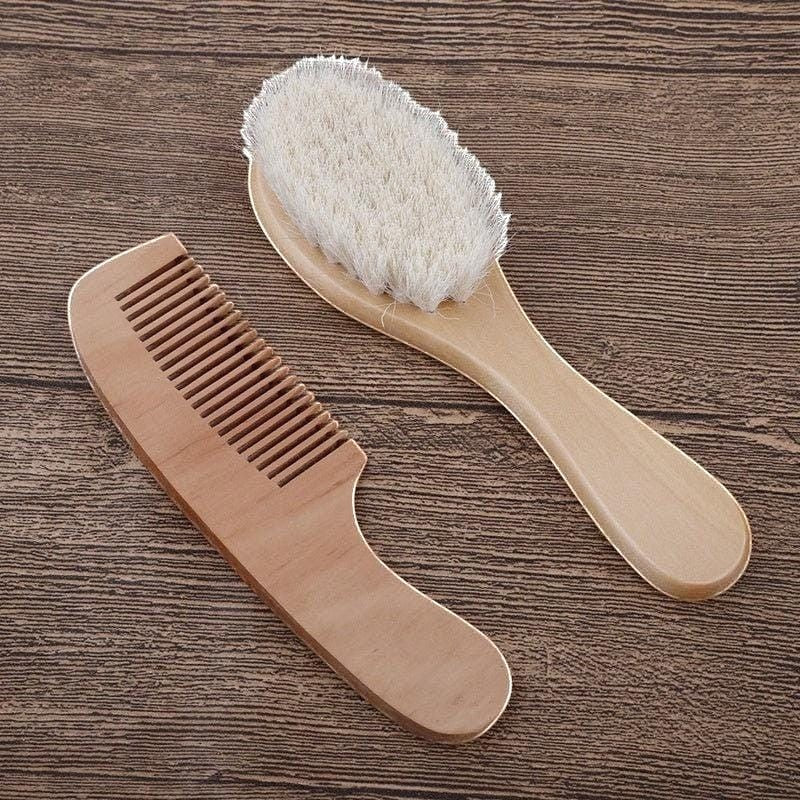 Precious Days Gifts soft wooden baby hairbrush and comb set with gentle bristles for newborn scalps