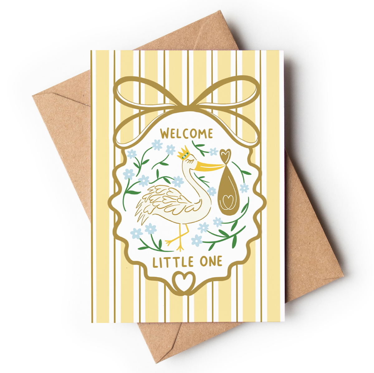 Precious Days Gifts yellow striped new baby card with stork illustration, floral accents, and gold Welcome Little One