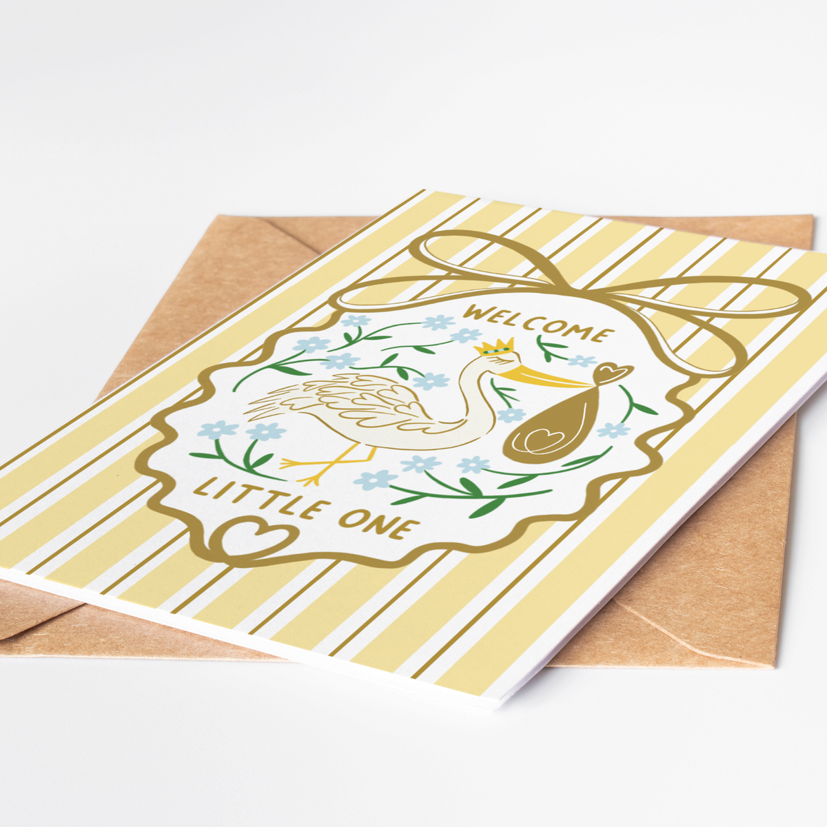 Precious Days Gifts yellow striped new baby card with stork illustration, floral accents, and gold Welcome Little One