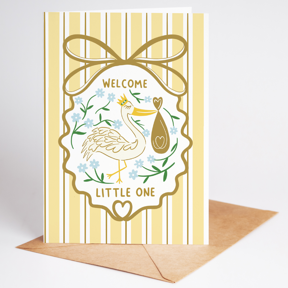 Precious Days Gifts yellow striped new baby card with stork illustration and gold Welcome Little One lettering