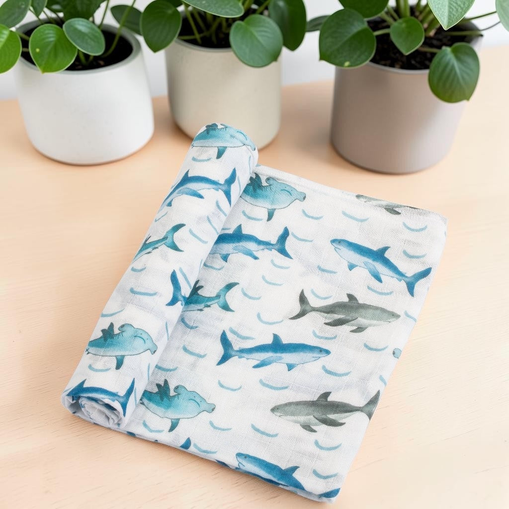 Baby Muslin Swaddle Blanket 120 x 120cm: Jawsome Shark