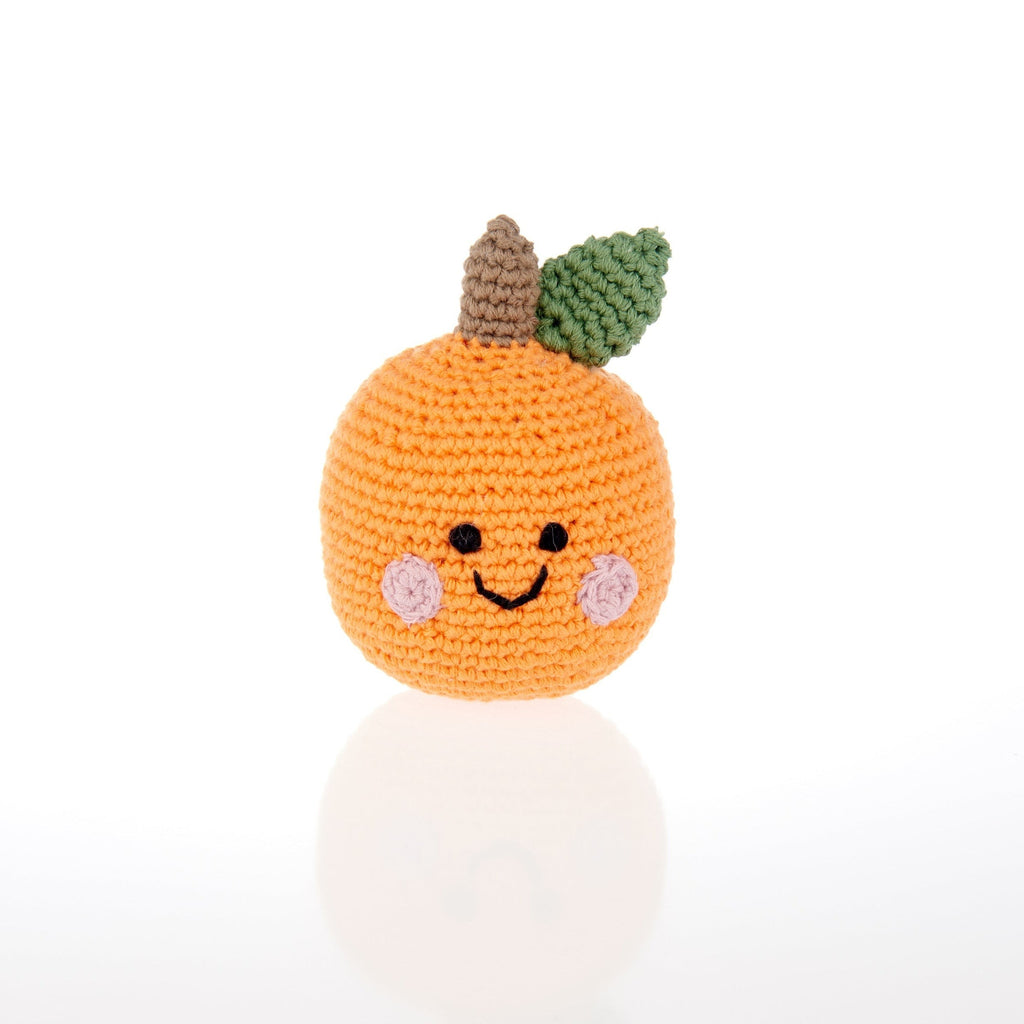 Precious Days Gifts handmade orange crochet baby rattle with a cute smiling face, green leaf, and soft cotton texture.